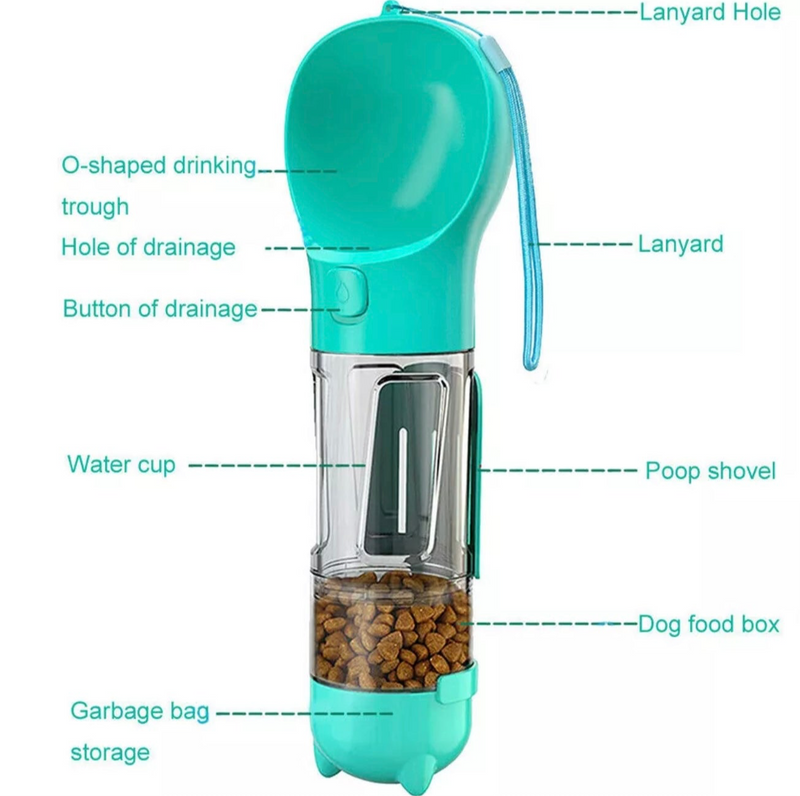 Pet 4 in1 Feeder Puppy Dog Cat Water Bottle Cup Travel Pooper Scooper Outdoor