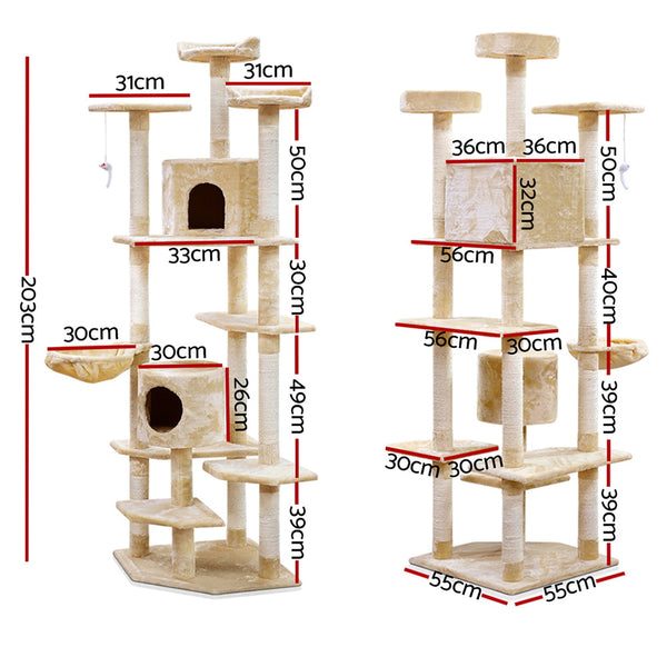 i.Pet Cat Tree 203cm Tower Scratching Post Scratcher Condo Trees House Bed Beige