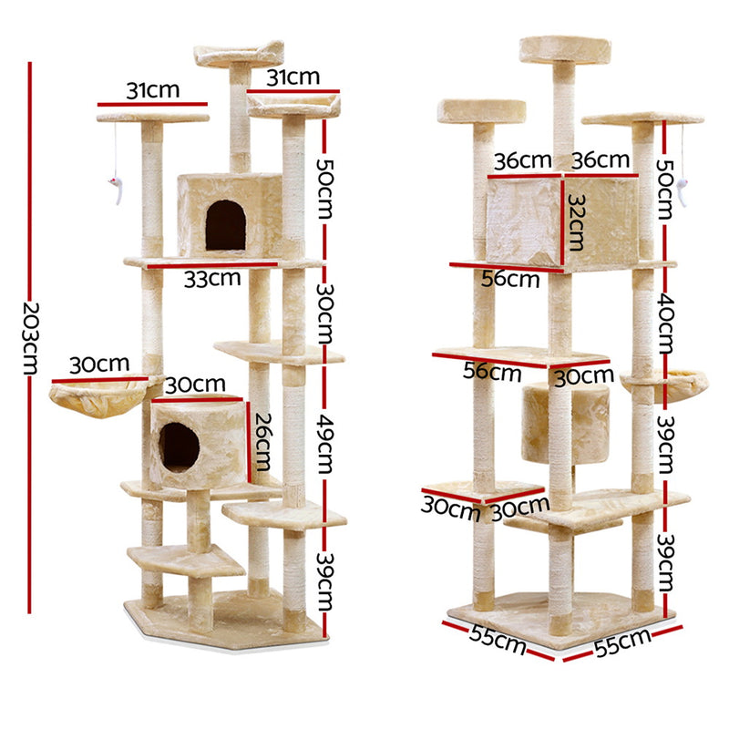 i.Pet Cat Tree 203cm Tower Scratching Post Scratcher Condo Trees House Bed Beige