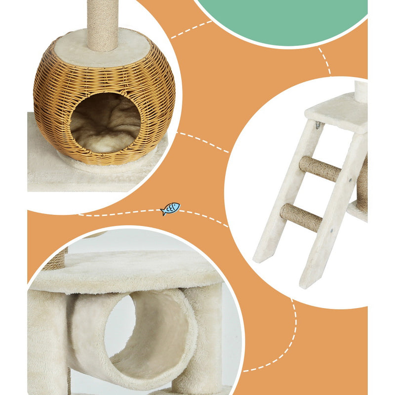 i.Pet Cat Tree 138cm Tower Scratching Post Scratcher Wood Bed Condo House Rattan Ladder