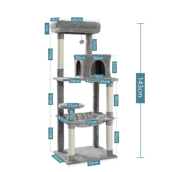 Grey Road Cat Tree Tower Scratching Post Scratcher Cats Condo House Bed 143cm