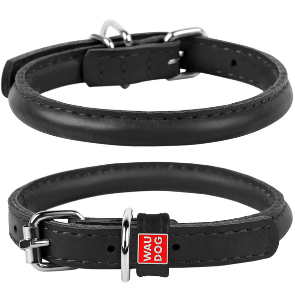 Waudog Leather Round Dog Collar Black