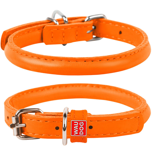 Waudog Leather Round Dog Collar Orange