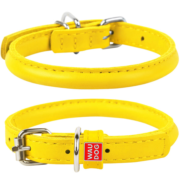 Waudog Leather Round Dog Collar Yellow