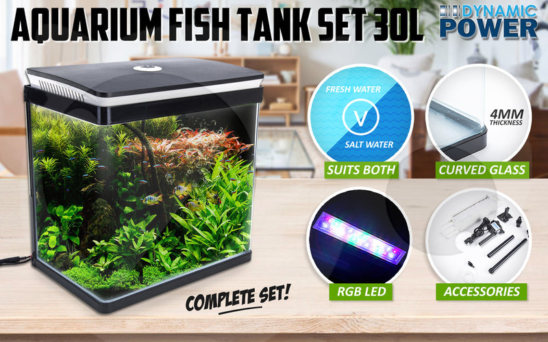 Aquarium Curved Glass RGB LED Fish Tank Set Filter Pump 30L