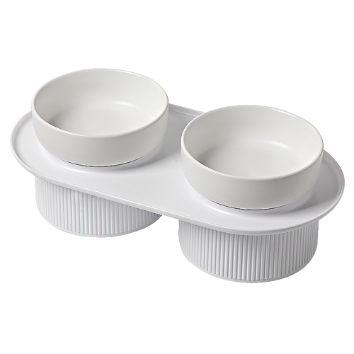 24x Ribbed Ceramic Double Pet Bowl 3pc Set